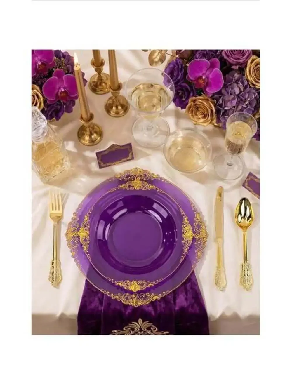 350 Pieces Purple/Gold Plastic Plates & Cutlery Set for 50 Guests - New in Box